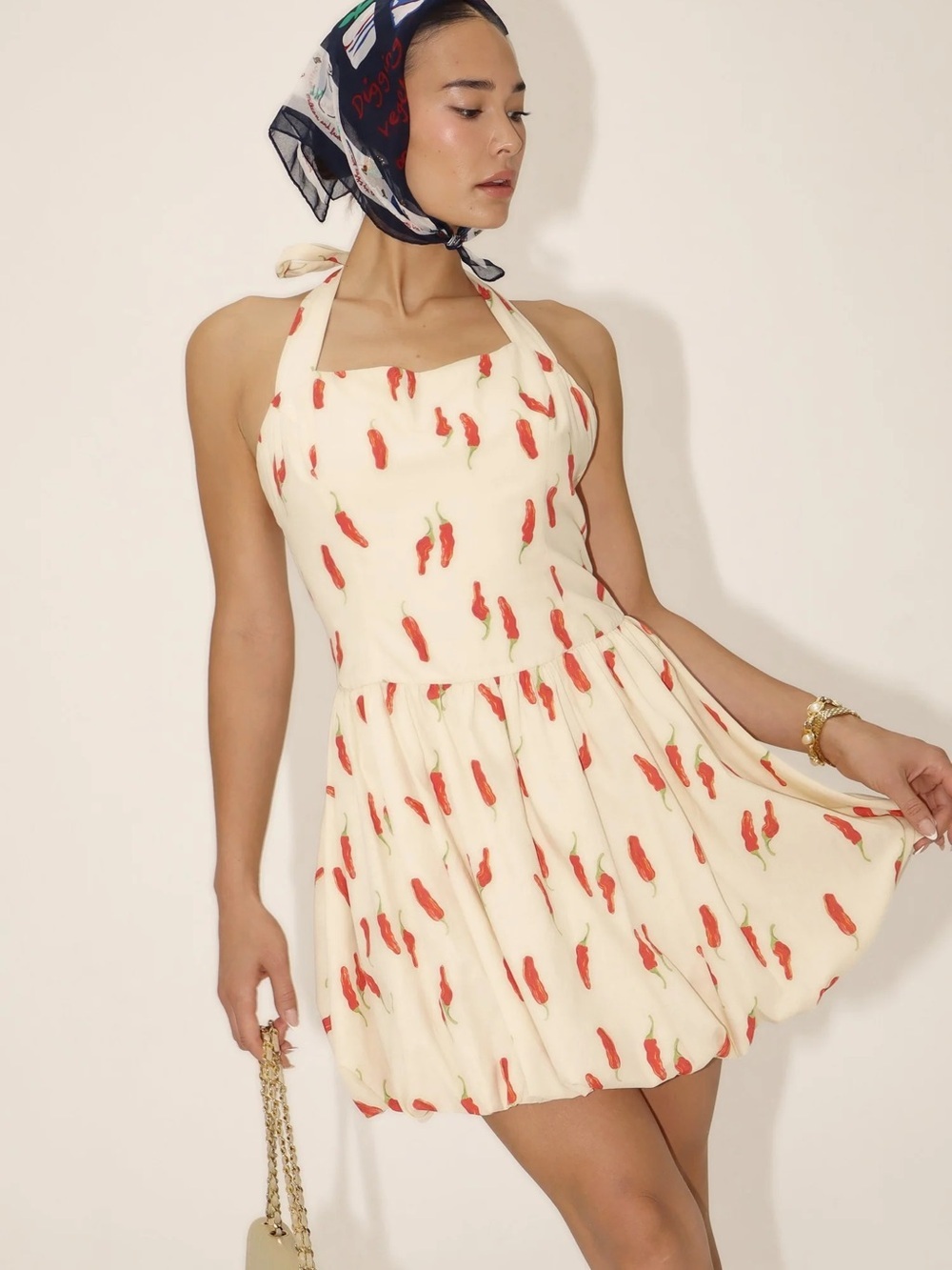 Hot To Go Cream Halter Mini Dress with Red Chili Print Small